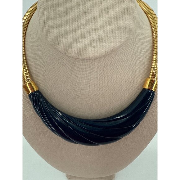 MONET Runway DECO MODERNIST NECKLACE BLACK MOLDED LUCITE GP FLEX CHAIN 80s - Picture 2 of 5